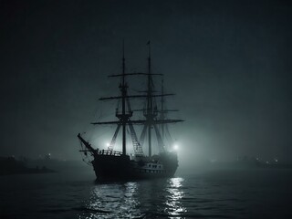 Mysterious ship illuminated in a foggy scene.