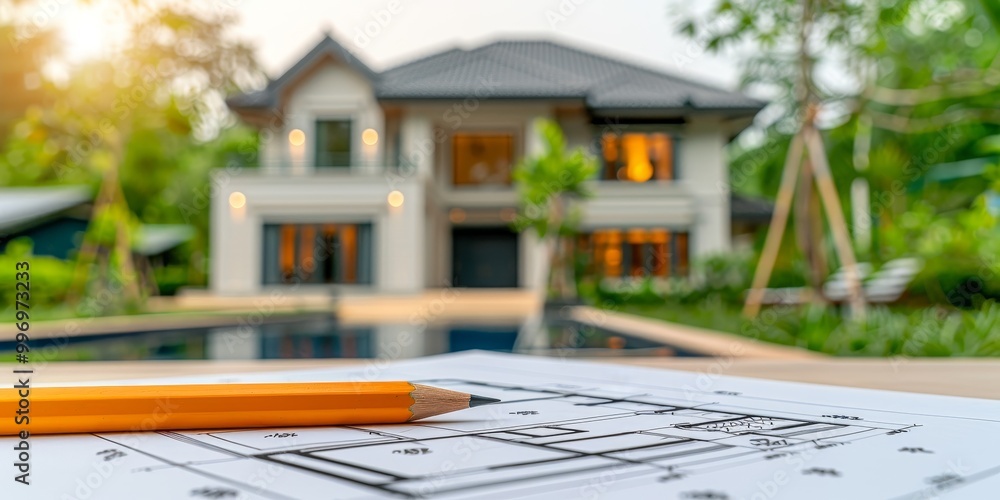 Poster architectural drawing of a modern house design with colored pencils, highlighting the creative proce