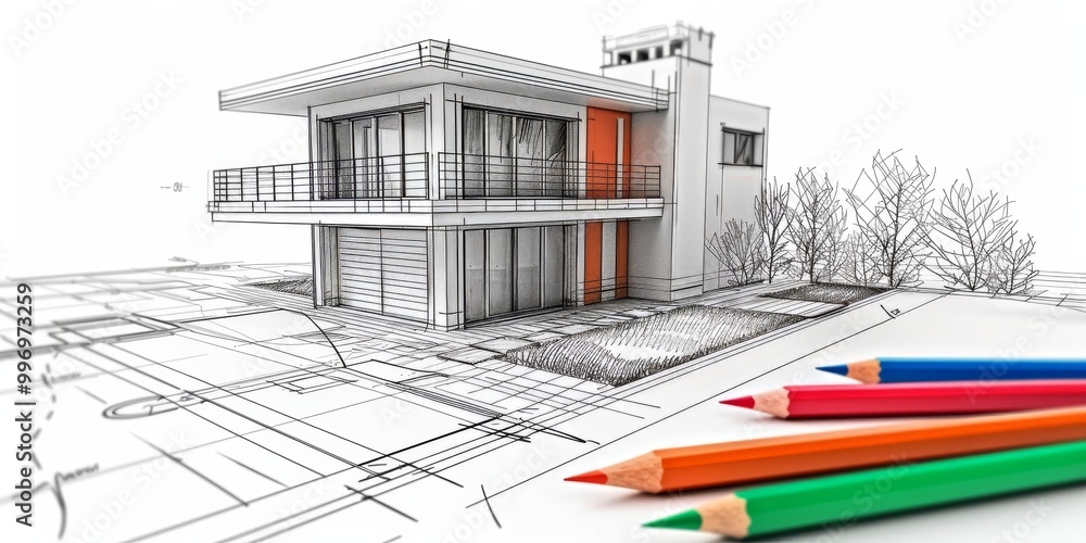 Poster architectural drawing of a modern house design with colored pencils, highlighting the creative proce