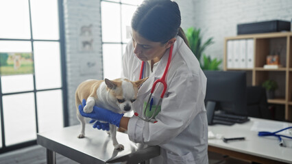 A young hispanic woman veterinarian examines a chihuahua dog in an indoor clinic setting, wearing...