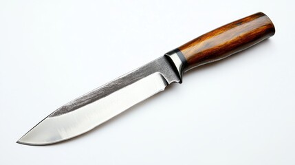 A sharp knife, used for fighting or hunting, is shown against a plain white backdrop.