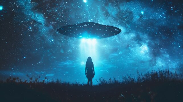 A lone figure stands in a field at night, gazing up at a glowing UFO in the sky,World UFO Day