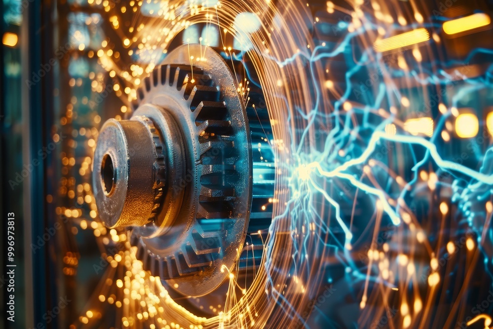 Poster Dynamic image of gears surrounded by sparks and electricity, representing industrial technology, energy, and the power of modern engineering in motion., Generative AI