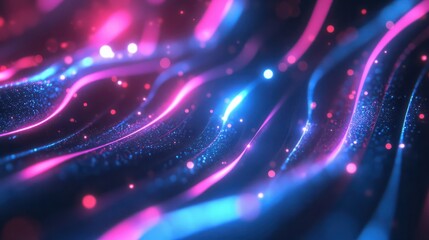 abstract background with pink blue glowing neon lines and bokeh lights. Data transfer concept. Digital wallpaper, AI Generative