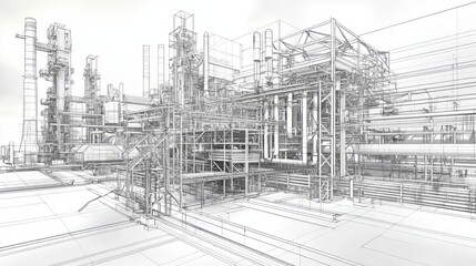 Obraz premium Highly detailed industrial blueprint of a large refinery or factory, showcasing intricate pipes, tanks, and structures in a technical, monochrome style. AI generative.
