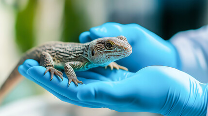 Fototapeta premium Close up hand of a researcher hands wearing gloves holding a lizard for experiment in laboratory. Research on laboratory animals, Animal testing concept