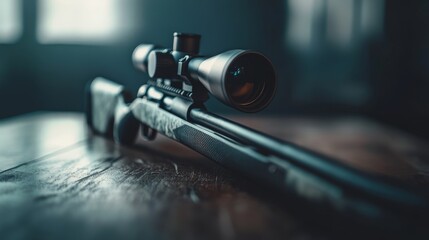 A sleek, modern rifle with a scope sits on a dark surface.  It's a powerful sniper rifle, resting on a wooden table.