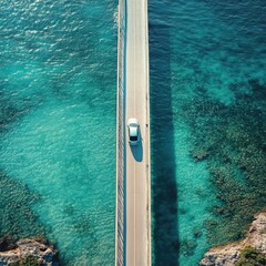 Aerial view of car driving over a bridge with ocean background