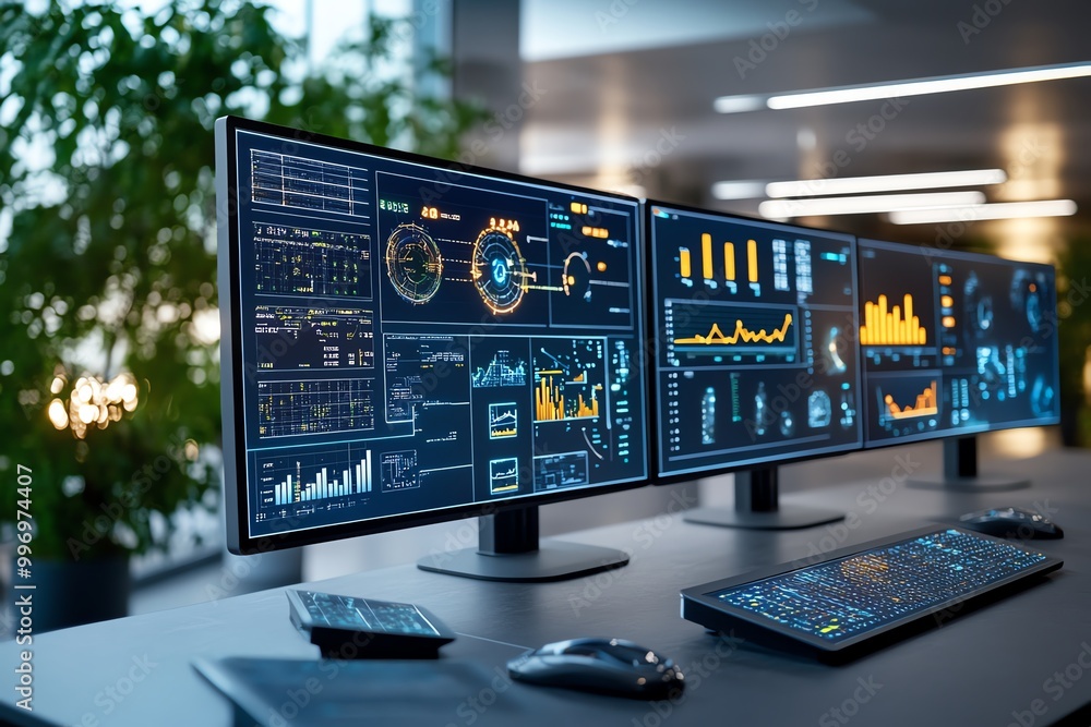 Poster a smart city control center monitoring energy usage, with displays showing data from solar panels, w