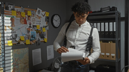 Handsome hispanic detective man analyzes documents in a cluttered police station office.