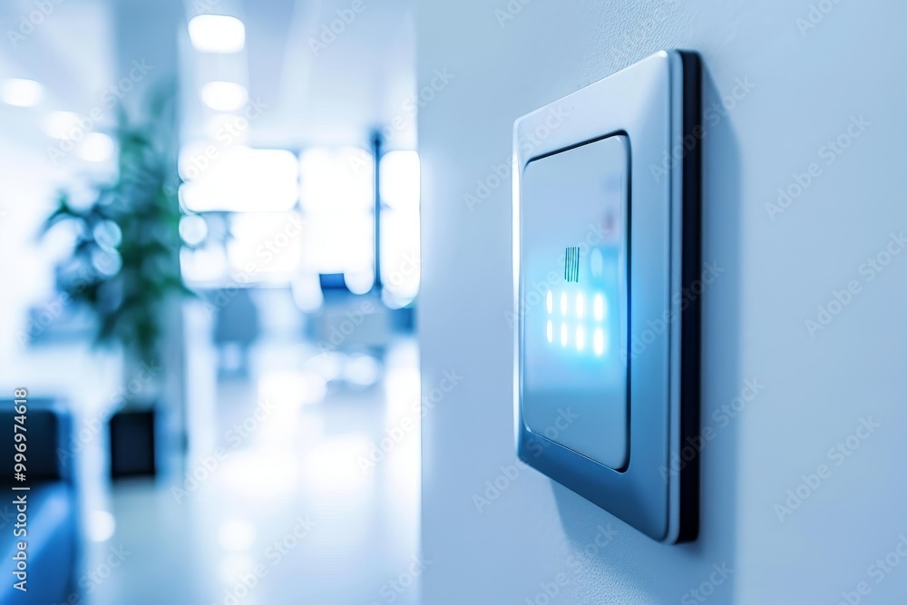 Poster close-up of a modern light switch in a contemporary home, highlighting minimalist design, technology