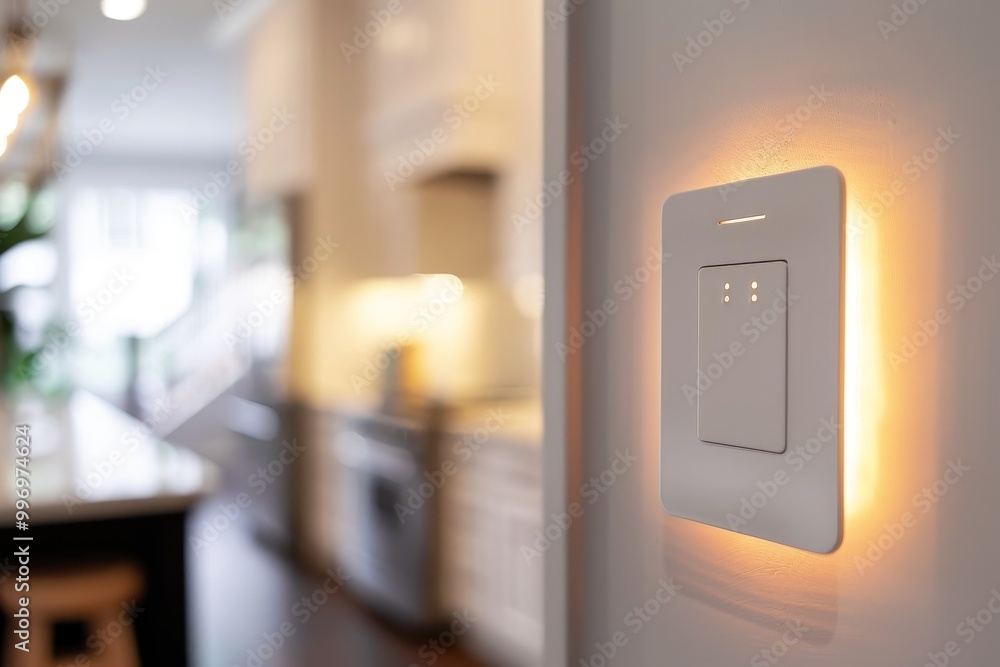 Poster close-up of a modern light switch in a contemporary home, highlighting minimalist design, technology