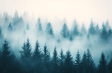 Misty Landscape of Pine Forest in Morning Fog with Moody Lighting