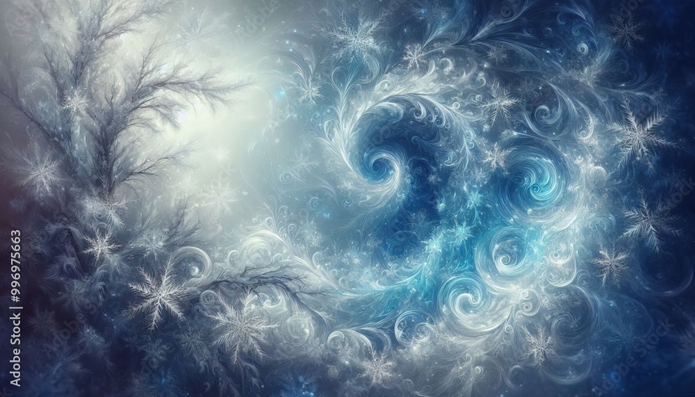 Poster abstract winter background with snowflakes twisted in a spiral in a vortex
