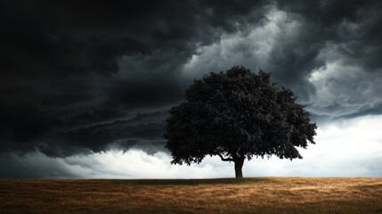 Obraz premium A stark, black tree stands out against a stormy sky, with dark clouds hanging overhead.