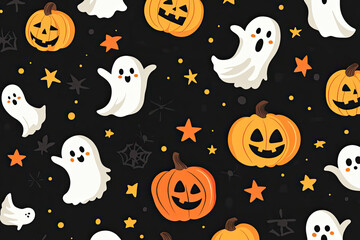 A seamless Halloween pattern featuring cheerful pumpkins, playful ghosts, and orange stars set against a black background.