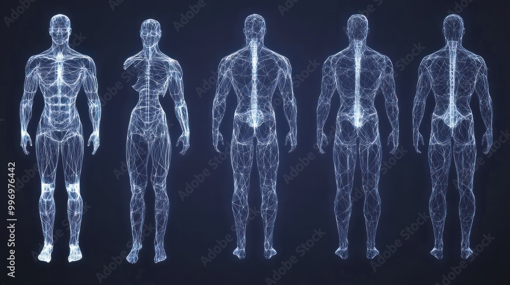 Poster an entire set of polygonal wireframe blueprints showing the human body in 3d.