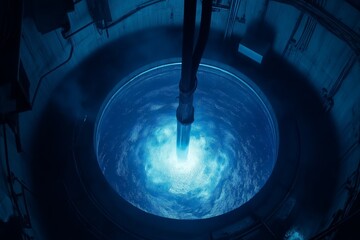 Close-up view of a glowing blue nuclear reactor core, representing advanced technology, energy production, and the science behind nuclear power generation., Generative AI