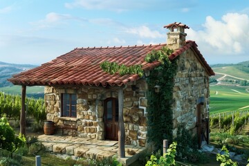 A quaint stone cottage with a red-tiled roof, nestled in a vineyard. The house has a small porch with a view of the grapevines and rolling hills.