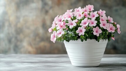 A white pot filled with pink flowers.