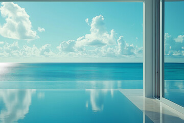Fototapeta premium Chic Aluminum Door Revealing a Panoramic Ocean View with Calm Waters, an Invitation to Serenity