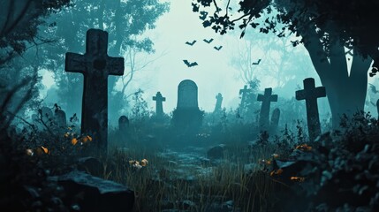 Animation of halloween background with graveyard in forest.