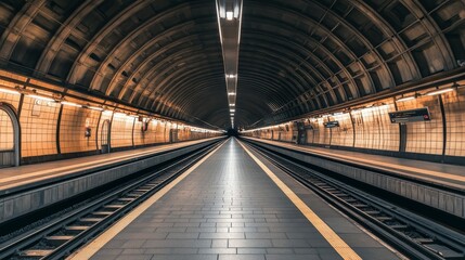 Fototapeta premium A wide view of a European subway station, showing the tracks and platforms extending into the distance.
