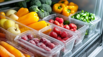 plastic containers with different fruits and vegetables in a open fridge. frozen food storage.