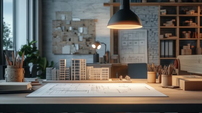 Architect s Workspace with Blueprints Lighting and Building Models on Table