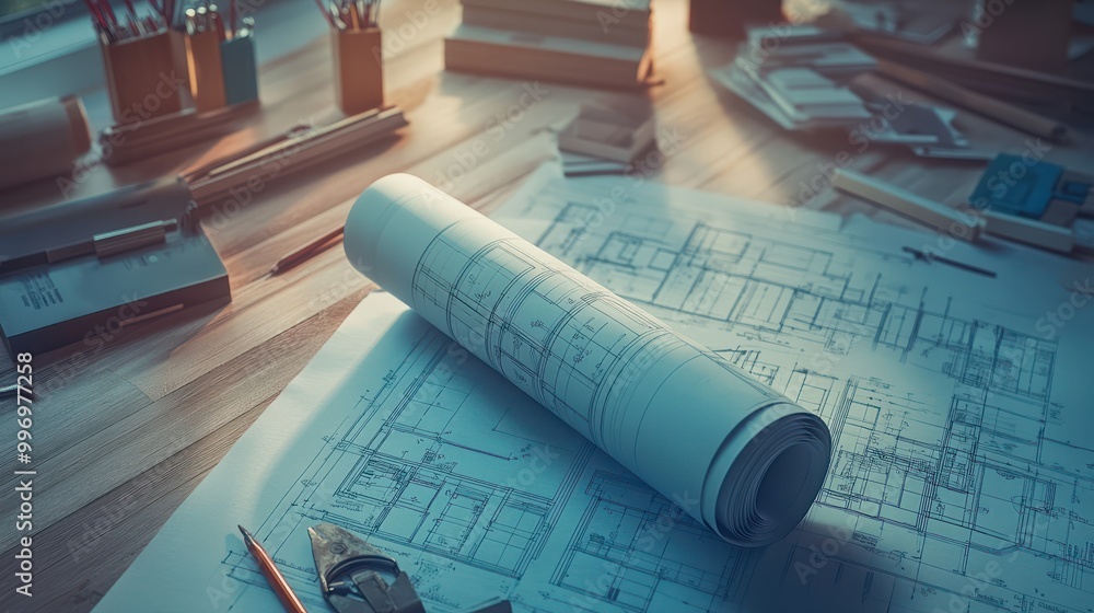 Poster architect workplace top view. architectural project, blueprints, blueprint rolls on table. construct