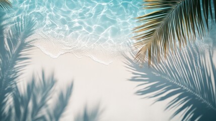 A serene beach scene with gentle waves and palm shadows on soft sand.