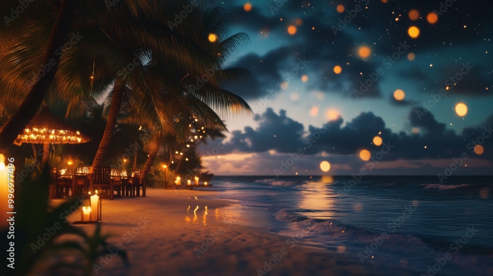 Poster as night falls, warm lights illuminate a tranquil beachfront setting. palm trees sway gently while w