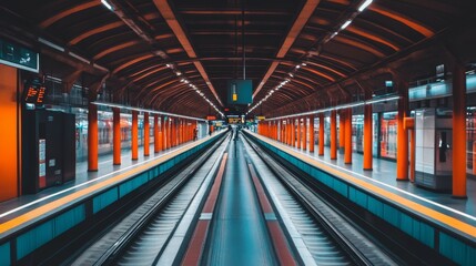 Fototapeta premium A wide view of a European subway station, showing the tracks and platforms extending into the distance.
