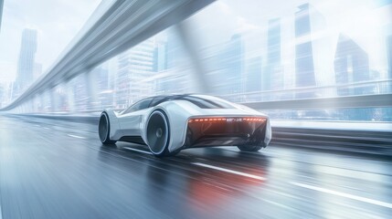 Autonomous Electric Vehicle on a Smart Road A sleek, autonomous electric vehicle driving on a futuristic highway