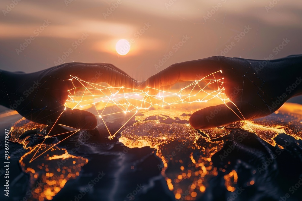 Poster Hands holding a global network with digital connection lines, representing the power of technology and international communication in a connected world, Generative AI