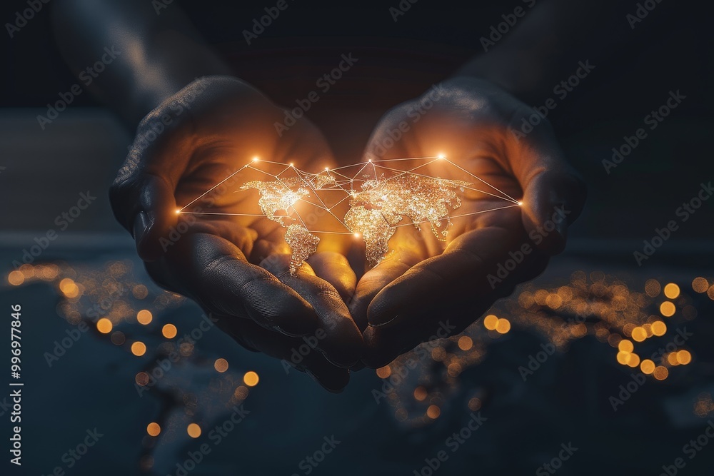 Aufkleber Hands holding a global network with digital connection lines, representing the power of technology and international communication in a connected world, Generative AI
