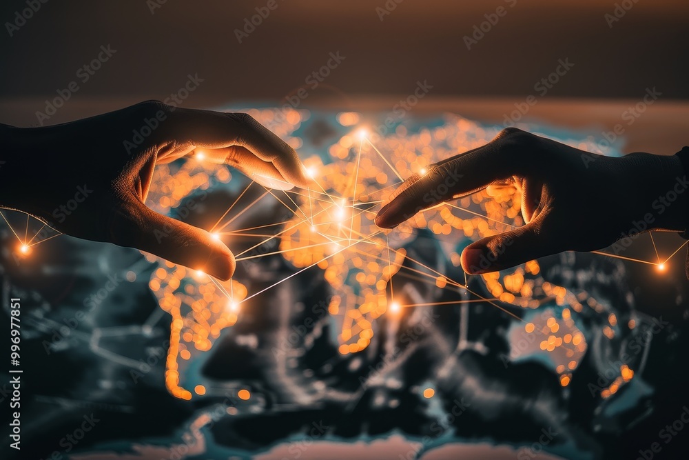 Poster Hands interacting with a digital global network, symbolizing technology, international connectivity, and the seamless communication across the interconnected digital world., Generative AI
