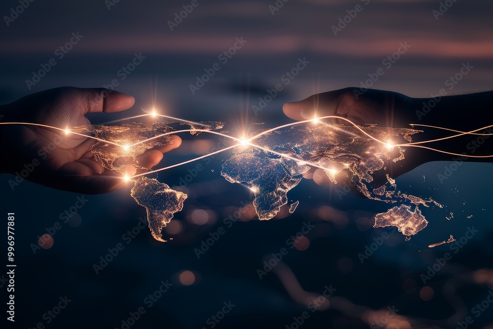 Poster Hand interacting with a global network map, representing digital technology, international connectivity, and the interconnected nature of global communication., Generative AI