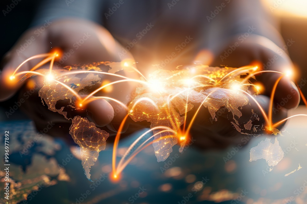 Poster Hands holding a global network with digital connection lines, representing the power of technology and international communication in a connected world, Generative AI