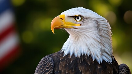 Obraz premium Bald eagle, american flag with background, The of symbol 4 July Independence Day, american flag, memorial day, american democracy, usa patriotism, Ai generated image