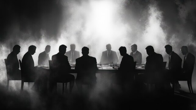 Black and white illustration of a secret meeting, a group of business people sitting at a table in the smoke. Mafia. Silhouettes of office workers.