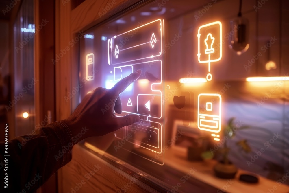 Poster Finger interacting with a glowing neon touchscreen interface, representing futuristic technology, digital interaction, and smart home automation control, Generative AI
