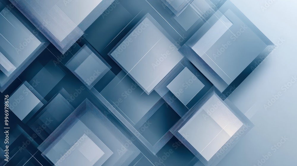 Poster Blue and grey glossy squares abstract tech banner design. Modern abstract blue background design with layers of transparent material in square shapes in random geometric patterns.