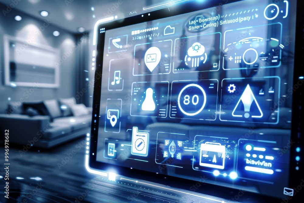 Poster digital touchscreen panel controlling smart home devices, representing modern technology, home autom