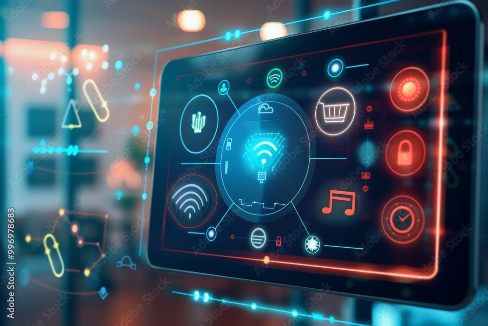 Poster digital touchscreen panel controlling smart home devices, representing modern technology, home autom