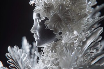 Abstract art sculpture of a face adorned with intricate floral details, representing elegance, creativity, and contemporary artistic expression, Generative AI