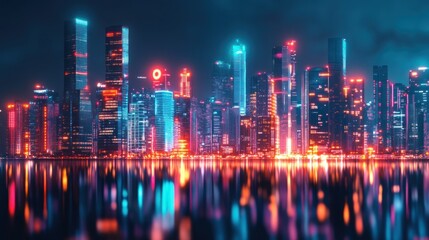 Obraz premium A vibrant city skyline illuminated at night with colorful reflections in the water.