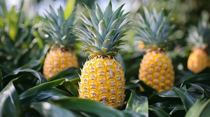 Obraz premium Pineapples are tropical fruits that grow on plants. The top of the pineapple has a leafy part that can be used to grow a new pineapple plant.