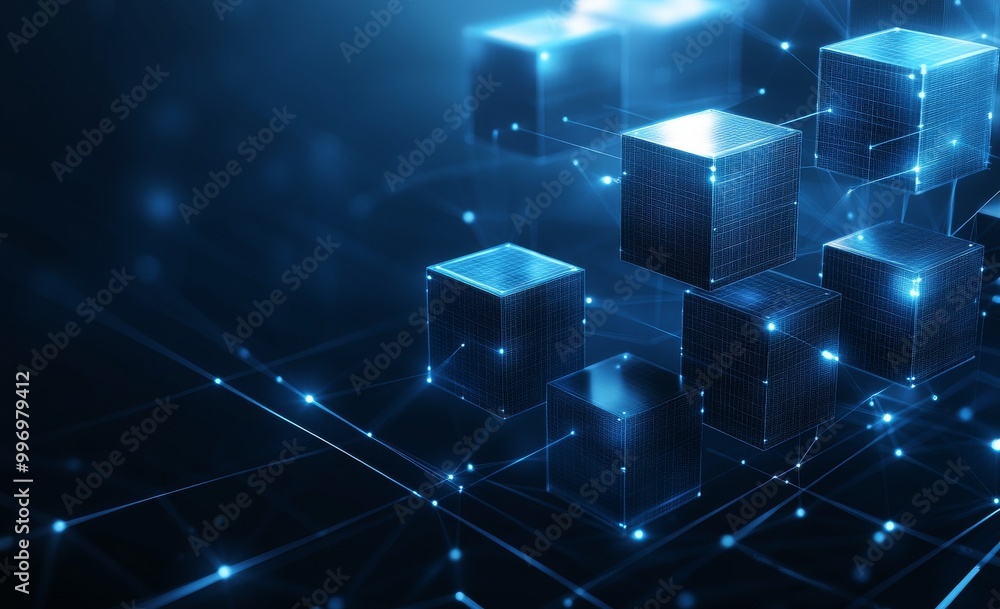 Poster technology based on blockchain. digital blocks in cyberspace. robotics on a technological background
