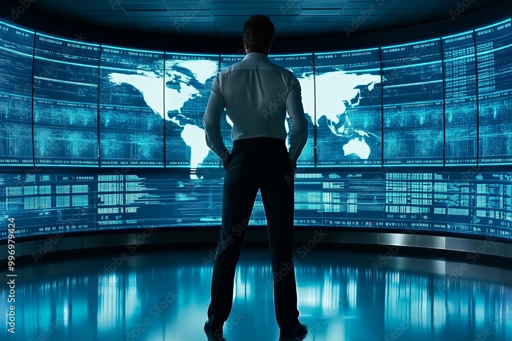Poster businessman standing in front of digital screens with a global map, representing leadership, strateg